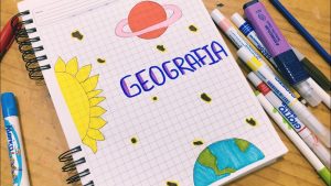 portada de geografía sencilla con sol y planetas pintada con marcadores